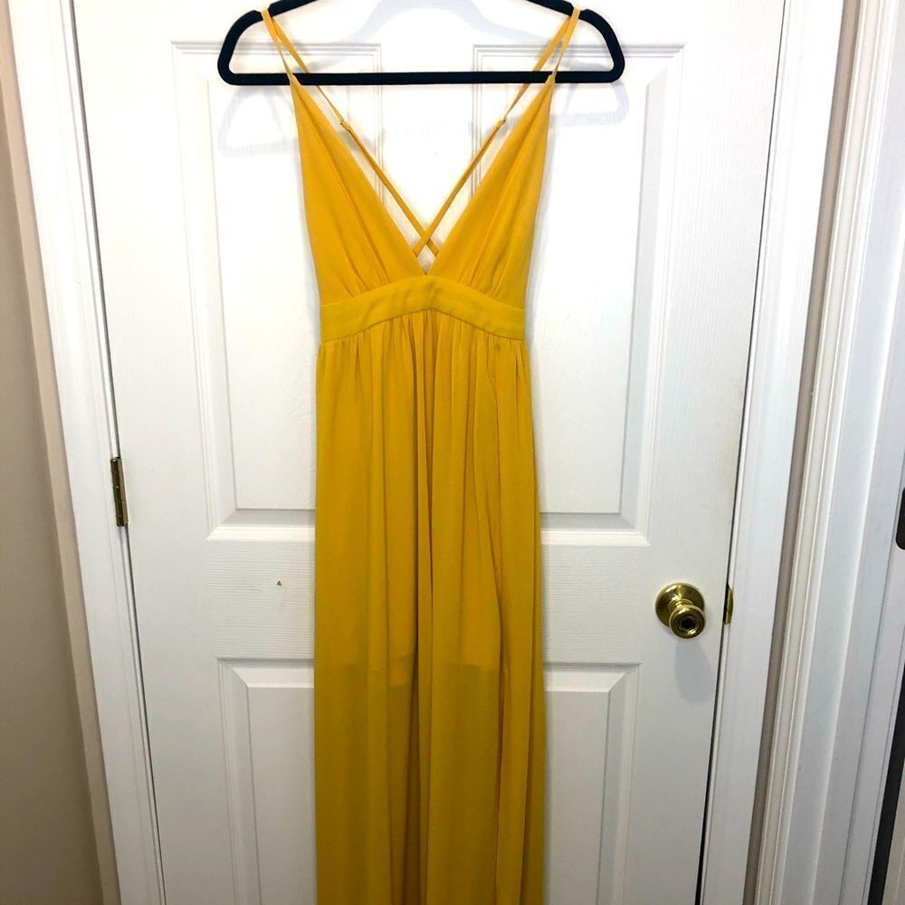 Windsor yellow thin spaghetti strap maxi prom homecoming dress, size small